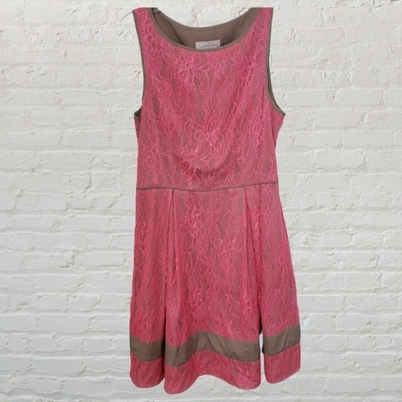 Jessica Simpson Tank Dress Fit Flare Pockets Salmon Pink Lace over Taupe 10 EUC - Picture 13 of 13